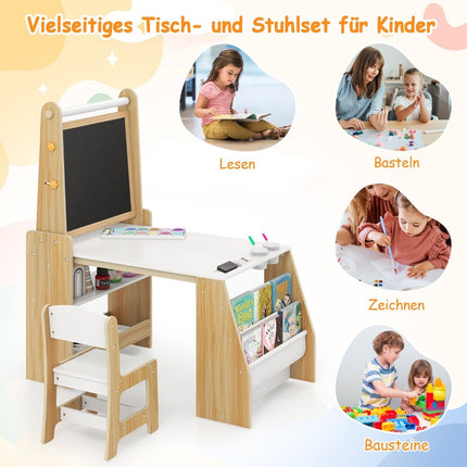 Kids Art Table and Chair Set with Easel, Whiteboard, Chalkboard