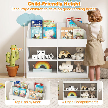 Kids Bookshelf, 3-Tier Display Rack, 4 Compartments, White