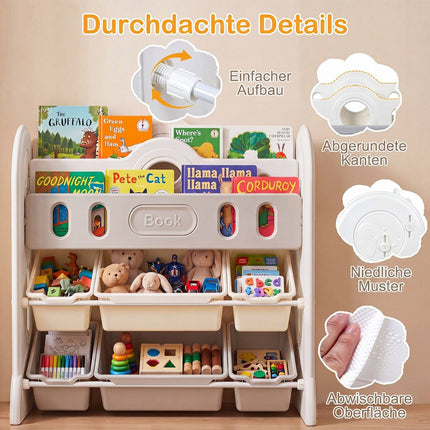 Kids Bookshelf & Toy Organizer with Bins, White/Gray