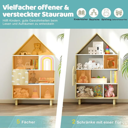 Kids Bookshelf with 2 Doors, Solid Wood Legs, 5 Shelves