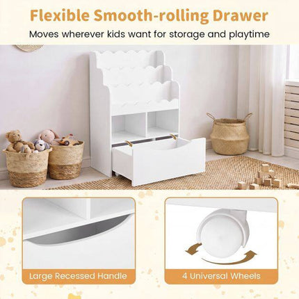 Kids Bookshelf with 5-Tier Storage and Rolling Drawer