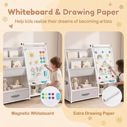 Kids Bookshelf with Art Easel and Magnetic Whiteboard, Toy Organizer, Gray