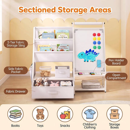 Kids Bookshelf with Art Easel and Magnetic Whiteboard, Toy Organizer, White