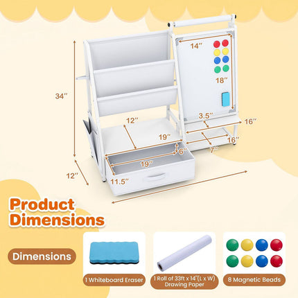Kids Bookshelf with Art Easel and Magnetic Whiteboard, Toy Organizer, White