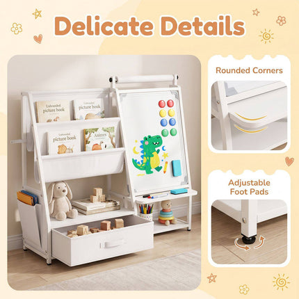 Kids Bookshelf with Art Easel and Magnetic Whiteboard, Toy Organizer, White