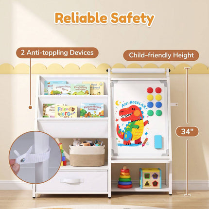 Kids Bookshelf with Art Easel and Magnetic Whiteboard, Toy Organizer, White