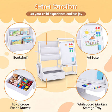 Kids Bookshelf with Art Easel and Magnetic Whiteboard, Toy Organizer, White