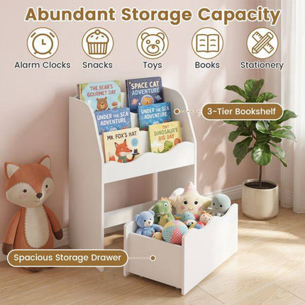 Kids Bookshelf with Rolling Storage Drawer – White