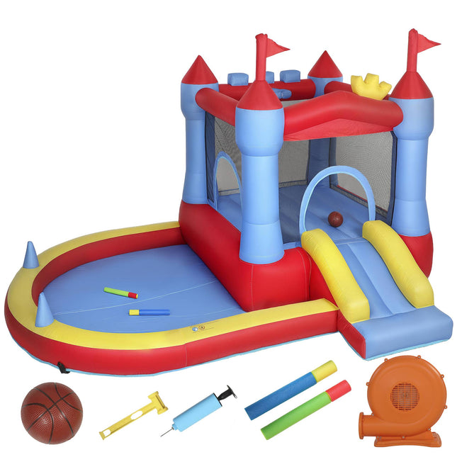 Kinderspringkussen met glijbaan, zwembad, basketbalveld en 350W ventilator.
