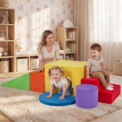 Kids Climbing Foam Blocks Set, 6-Piece, Slide, Velvet Cover, Red