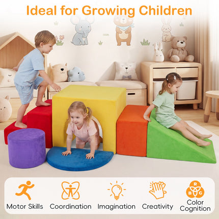 Kids Climbing Foam Blocks Set, 6-Piece, Slide, Velvet Cover, Red