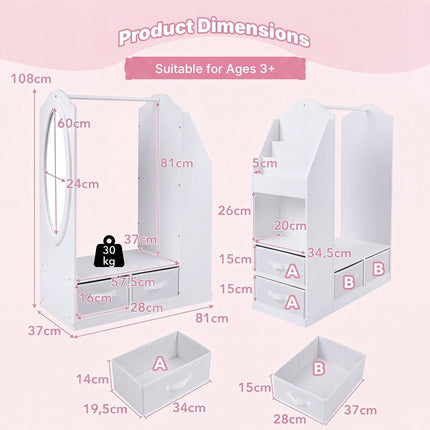Kids Clothing Rack with Full-Length Mirror and Bookshelf, White, 108 cm