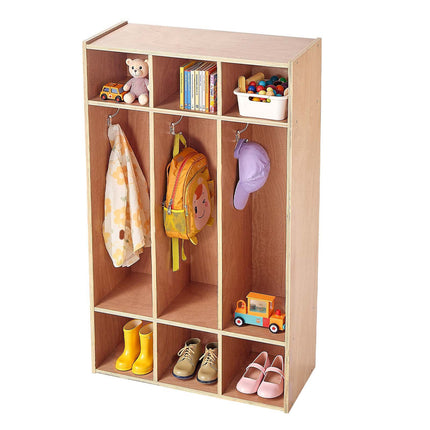 Kids Coat Locker, 3-Section Wood Cubby with 6 Hooks