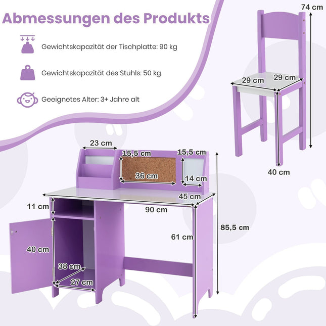 Kids Desk and Chair Set with Storage, Purple Wood