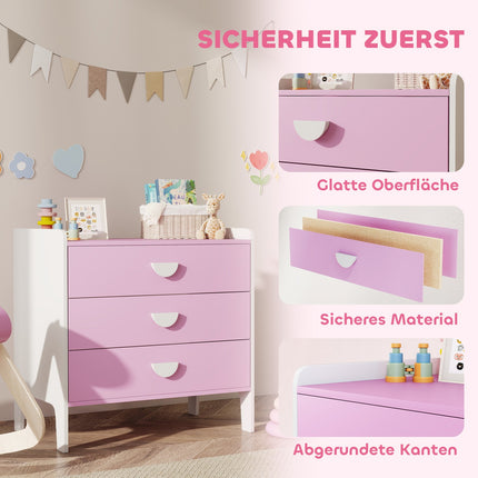 Kids' Dresser with 3 Drawers, MDF, Pink and White