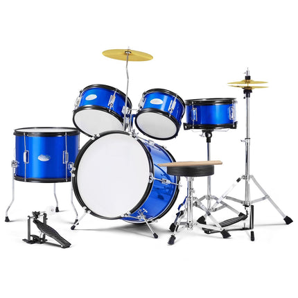 Kids Drum Set, 5-Piece, 16-Inch Bass, Cymbals, Blue