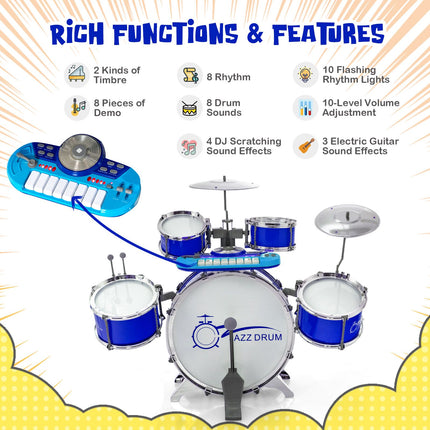 Kids Drum Set with 8-Key Keyboard, Mic Stand, Stool, Blue
