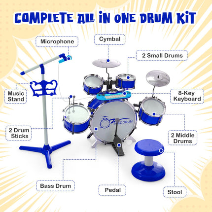 Kids Drum Set with 8-Key Keyboard, Mic Stand, Stool, Blue