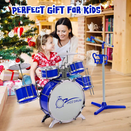 Kids Drum Set with 8-Key Keyboard, Mic Stand, Stool, Blue
