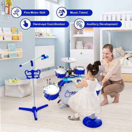 Kids Drum Set with 8-Key Keyboard, Mic Stand, Stool, Blue