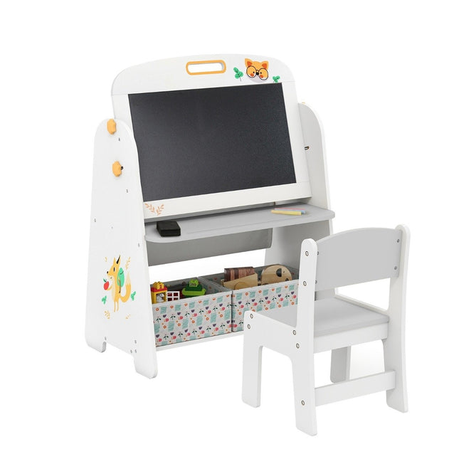Kids Easel with Chair – Magnetic & Chalkboard, Storage