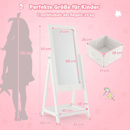 Kids Full-Length Standing Mirror – 360 Rotating, Storage Shelf