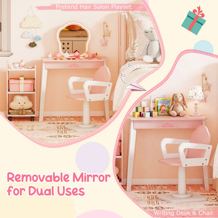 Kids Hair Salon Playset with LED Mirror, Chair, Pink