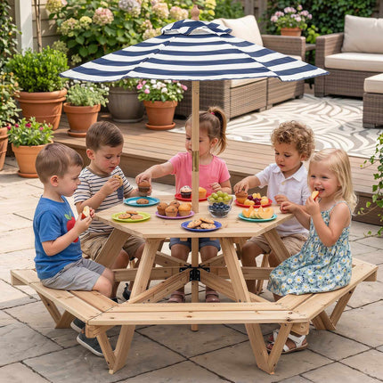 Kids Hexagonal Picnic Table with Umbrella – Natural Wood