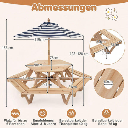 Kids Hexagonal Picnic Table with Umbrella – Natural Wood