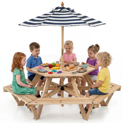 Kids Hexagonal Picnic Table with Umbrella – Natural Wood