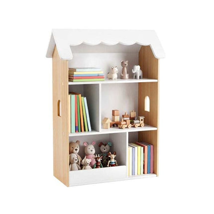Kids House Bookshelf with 5 Open Compartments, Anti-Tip Device, White/Natural