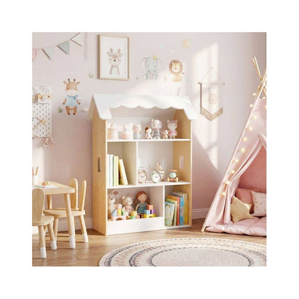 Kids House Bookshelf with 5 Open Compartments, Anti-Tip Device, White/Natural