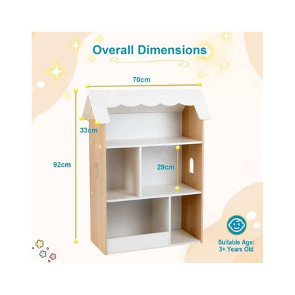 Kids House Bookshelf with 5 Open Compartments, Anti-Tip Device, White/Natural