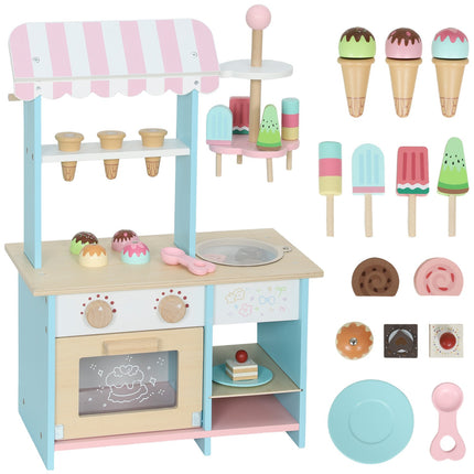 Kids Ice Cream Cart with 17 Accessories – MDF, Light Blue