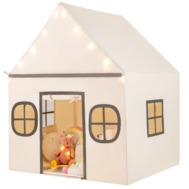Kids Indoor Playhouse Tent with Star Lights, Beige & Black