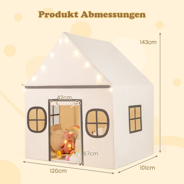 Kids Indoor Playhouse Tent with Star Lights, Beige & Black