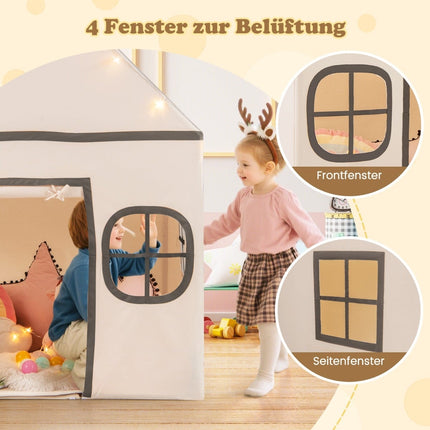 Kids Indoor Playhouse Tent with Star Lights, Beige & Black