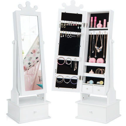 Kids Jewelry Armoire With Full-Length Mirror, Drawers, Pink/White