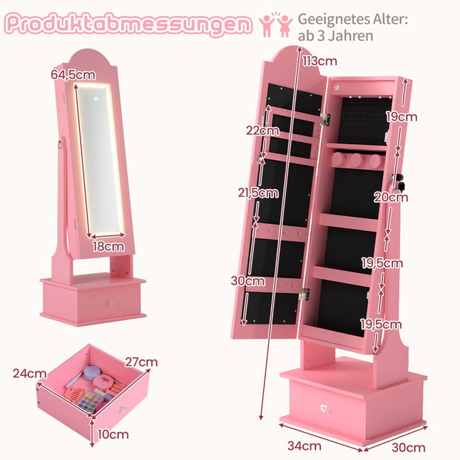 Kids Jewelry Cabinet with Mirror and LED Lights, Pink