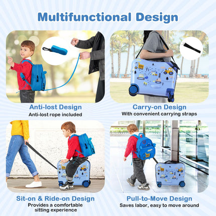 Kids Luggage Set, 18in Ride-On Suitcase, 12in Backpack, Spinner Wheels