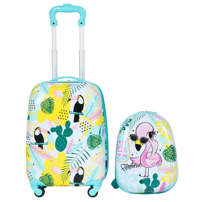 Kinderkofferset met flamingo-design, koffer en rugzak, blauw