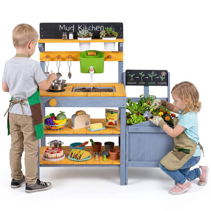 Kids Mud Kitchen Set with Water Reservoir and Chalkboard