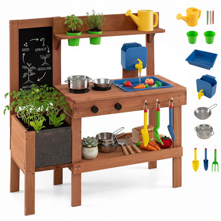 Kids Mud Kitchen with Planter Box, Sink, and 13 Accessories