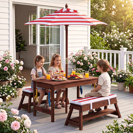 Kids Outdoor Wooden Picnic Table Set with Umbrella