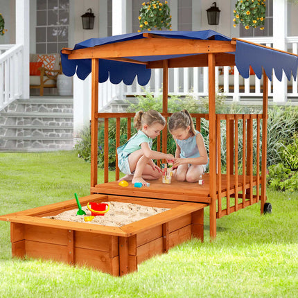 Kids Outdoor Wooden Sandbox with Cover and Wheels
