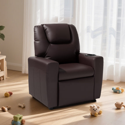 Kids PU Leather Recliner Chair, Cup Holder, Adjustable Backrest