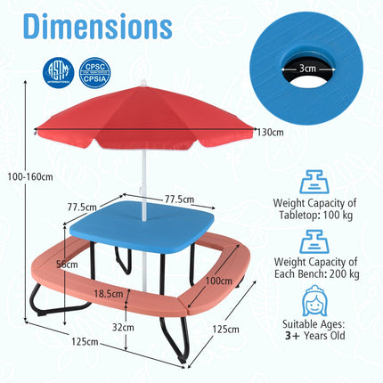 Kids Picnic Table Set, Seats 8, Adjustable Umbrella