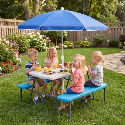 Kids Picnic Table Set with Adjustable Umbrella, Blue