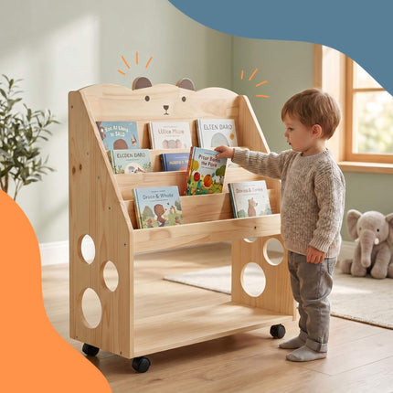 Kids' Pine Wood Bookcase with Castors, Natural Finish