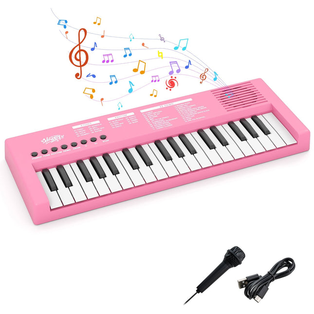 Kids' Pink Keyboard Piano, 37 Keys, 8 Rhythms, USB & Battery